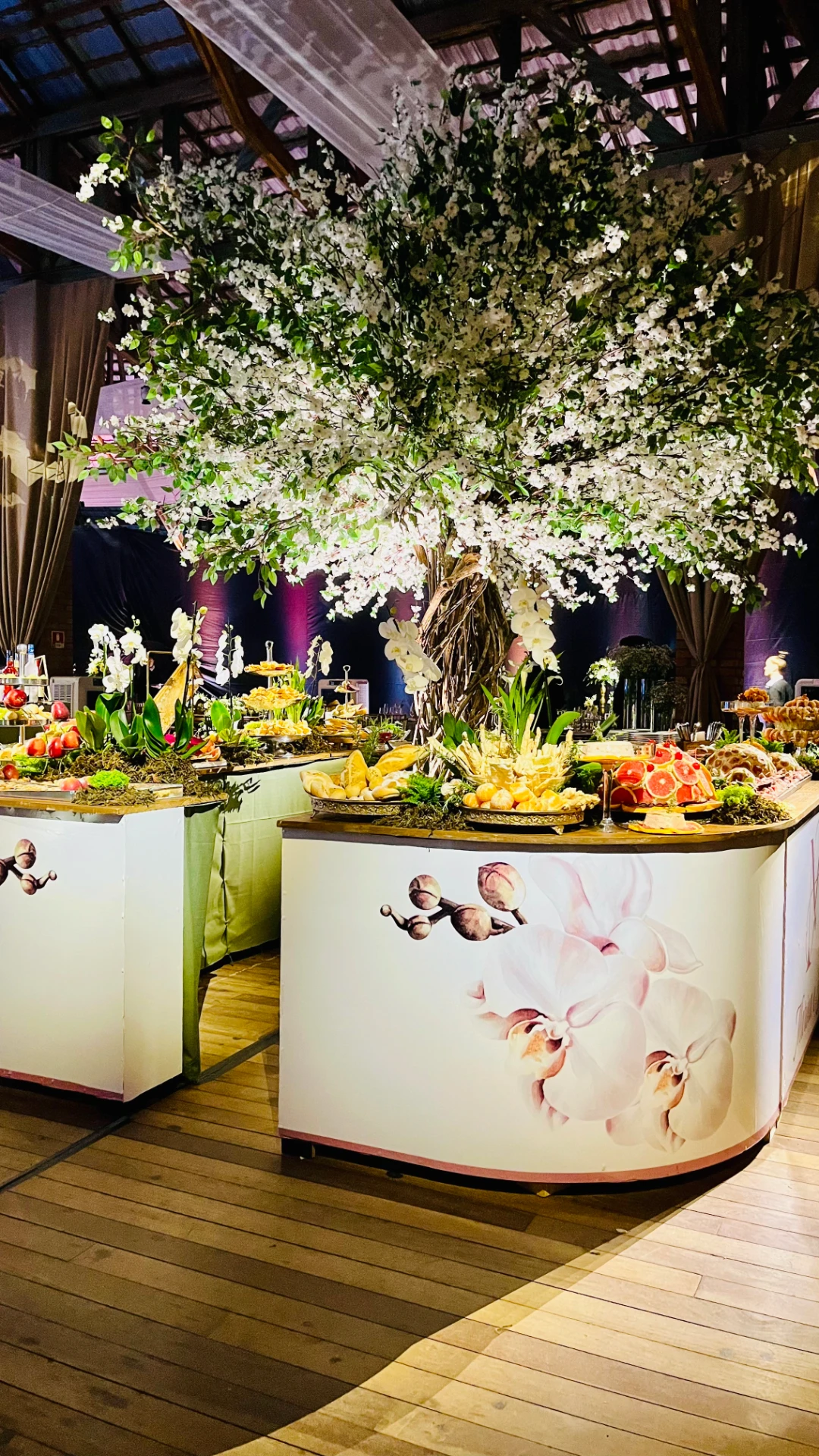 Mesa de petiscos sob árvore florida branca na recepção do casamento